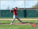  ?? ?? Cade Van De Weg throws a pitch for the Adams Central Jets at New Haven.