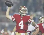  ?? NHAT V. MEYER — BAY AREA NEWS GROUP FILE ?? San Francisco 49ers starting quarterbac­k Nick Mullens (4) looks to throw against the New York Giants in the third quarter at Levi’s Stadium in Santa Clara on Monday, Nov. 12, 2018.