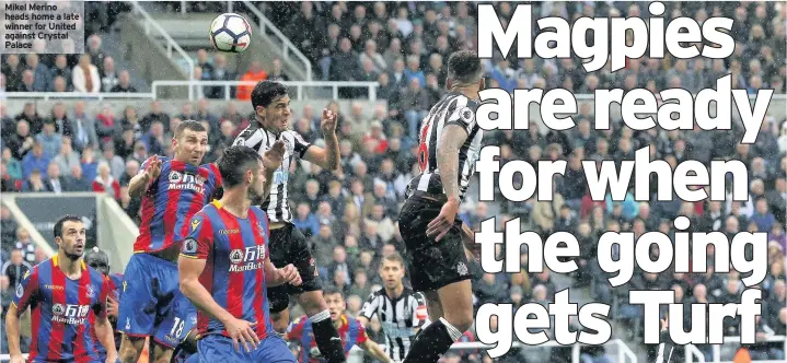  ??  ?? Mikel Merino heads home a late winner for United against Crystal Palace