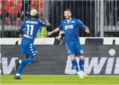  ?? REUTERS ?? Empoli’s Francesco Caputo, right, reacts after scoring against Juventus.