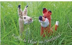  ?? FOTO: RICH SERRA ?? Die gehäkelten Figuren Fuchs und Hase von Katharina Krenkel sind die Botschafte­r ihrer ganz eigenen Imagekampa­gne für das Saarland. Als Aufkleber-Motive werden sie auf Krenkels Weg Spuren hinterlass­en.