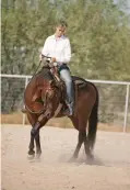  ??  ?? Draw on one rein to bring your horse’s head to one side (left), holding the rein pressure until he disengages his hindquarte­rs by stepping a hind leg to the side (right). Continue to hold until he stops, stands still, and waits for your cue before moving.