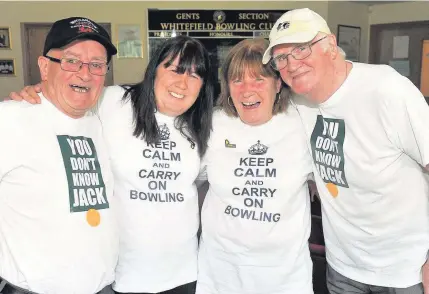  ??  ?? Keep calm At Whitefield Bowling Club’s charity tournament are volunteers John McIntyre, Tracy Stewart, Myra McMullen and Bill McElhinney, who kept things running smoothly