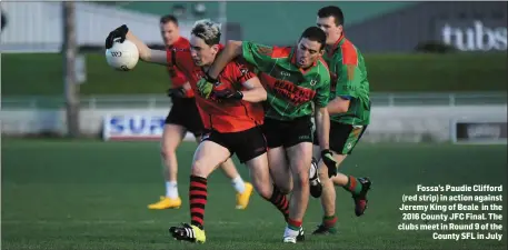  ??  ?? Fossa’s Paudie Clifford (red strip) in action against Jeremy King of Beale in the 2016 County JFC Final. The clubs meet in Round 9 of the County SFL in July