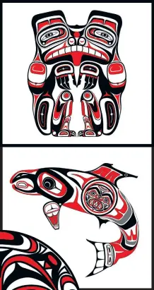  ??  ?? Shown here are some more of Ray‘s illustrati­ons that will appear in his upcoming book, Blood Cove. From top to bottom: “The Bear,” “The Salmon,” and “Haida Moon.”