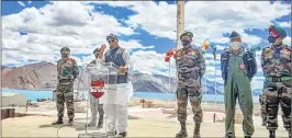  ?? —PTI ?? Defence Minister Rajnath Singh addresses the Army soldiers, at Lukung post in Ladakh.