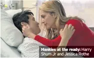  ??  ?? Hankies at the ready: Harry Shum Jr and Jessica Rothe