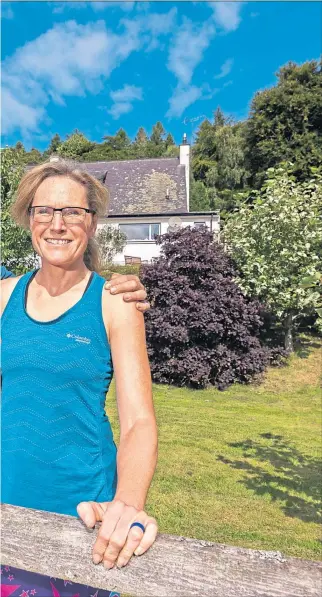  ??  ?? Fiona Russell with husband Gordon in the garden of their new Black Isle home; and on the slopes of the Powder Highway in British Columbia, Canada during their honeymoon in 2018, right