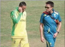  ?? (PIC: TWITTER) ?? Usman Khawaja walking off the field after getting hit by a bouncer during a warm-up match against the West Indies on Wednesday.