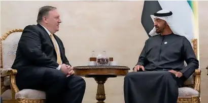  ??  ?? his highness Sheikh Mohamed bin Zayed Al nahyan, Crown Prince of Abu dhabi and deputy Supreme Commander of the uAe Armed Forces, holds talks with uS Secretary of State Mike Pompeo in Abu dhabi on Saturday. —