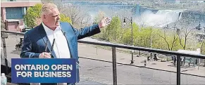  ?? BOB TYMCZYSZYN THE ST. CATHARINES STANDARD ?? Ontario Progressiv­e Conservati­ve Leader Doug Ford makes a stop in Niagara Falls Monday morning to announce a plan to bring back jobs to Ontario.