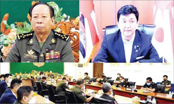  ?? TEA BANH VIAFACEBOO­K ?? Minister of National Defence Tea Banh meets his Japanese counterpar­t Nobuo Kishi via video conference on Friday.