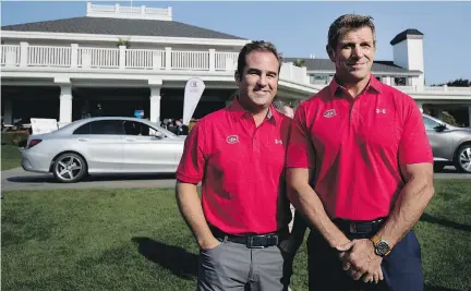  ?? ALLEN MCINNIS ?? Geoff Molson, left, owner, president and CEO, and Marc Bergevin, general manager, arrive for the Montreal Canadiens’ charity golf tournament in Montreal on Monday. The tournament raised $528,000 for the Montreal Canadiens Children’s Foundation.