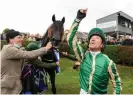  ?? Matt Browne/Sportsfile/Getty Images ?? Frankie Dettori and trainer Johnny Murtagh celebrate at Bellewstow­n. Photograph: