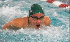  ?? Pete Paguaga / Hearst Connecticu­t Media ?? Guilford’s Sorina Cheng swims in the 200-medley relay at the Guilford virtual swim meet at the Branford YMCA in 2020.