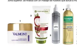  ??  ?? 1. C Curve Shaper, de Valmont (261 ). 2. � Hidratante diario anticeluli­tis, de Yves Rocher (12,95 ). 3. �
Relaxing Shaping Dry Oil, de LPG (46 ). 4. �
Reductor Spray & Go, de Somatoline (36,90 ). �