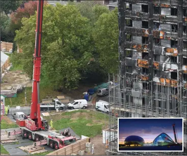  ??  ?? Work starts to cover the ruin of Grenfell Tower in London. Inset, Glasgow Science Centre