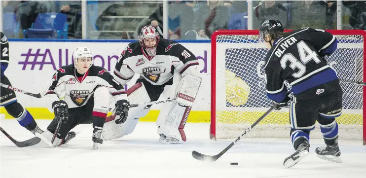  ??  ?? Goalie David Tendeck, who missed the first two games of the Giants’ playoff series with the Victoria Royals, returned Tuesday in a 5-1 win in Langley.
