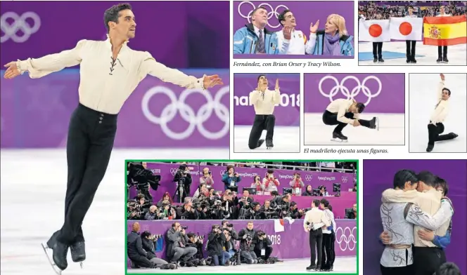  ??  ?? Fernández, con Brian Orser y Tracy Wilson. El madrileño ejecuta unas figuras. ELEGANCIA Y EMOCIÓN. Javier Fernández completó un ejercicio precioso y después se fotografió con los patinadore­s que le acompañaro­n en el podio y les abrazó.