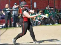  ?? PAUL DICICCO ‑ THE NEWS‑HERALD ?? Chardon’s Lexi Leggett connects for a home run during a Division I district semifinal May 16 against Mayfield at Mentor. The Hilltopper­s won, 5‑4.