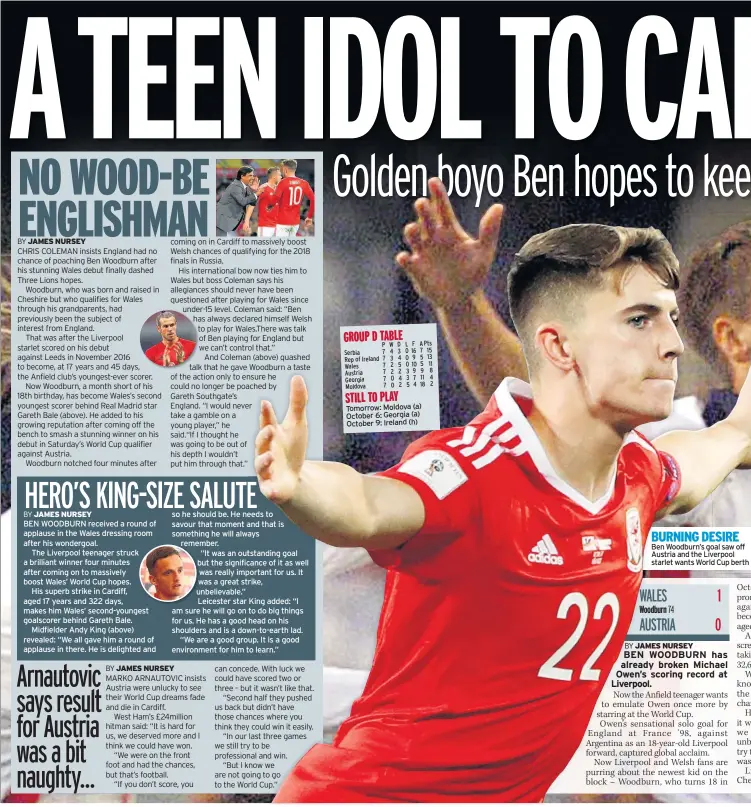  ??  ?? BURNING DESIRE Ben Woodburn’s goal saw off Austria and the Liverpool starlet wants World Cup berth