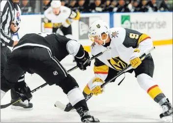  ?? David Sheehan ?? Golden
Knights rookie Cody Glass prepares to attack during a face-off with the Los Angles Kings on Tuesday at the Toyota Sports Center in El Segundo, Calif.
Calishoote­rone Photograph­y