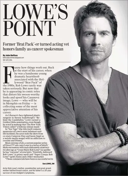  ??  ?? Actor Rob Lowe’s mother, grandmothe­r and great- grandmothe­r battled breast cancer, and his father is a 25-year survivor of non-Hodgkin’s lymphoma.
