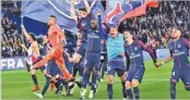  ??  ?? GETTY IMAGES PSG players celebrate Ligue 1 title win after battering Monaco 7-1 at Parc des Princes in Paris on April 15, 2018.