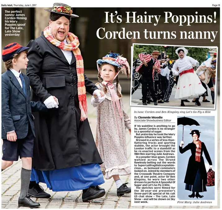  ??  ?? The perfect nanny: James Corden filming his Mary Poppins spoof for The Late, Late Show yesterday