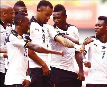  ??  ?? Black Stars players celebratin­g the ticket to the semifinal of AFCON 2017 in Gabon after defeating Congo DR 2-1… yesterday