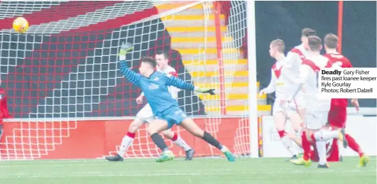  ??  ?? Deadly Gary Fisher fires past loanee keeper Kyle Gourlay Photos: Robert Dalzell