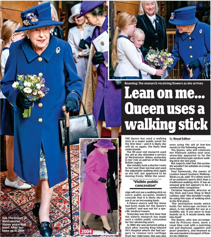  ?? ?? Aid: The Queen at Westminste­r Abbey yesterday. Inset: After her knee op in 2004 2004
Beaming: The monarch receiving flowers as she arrives