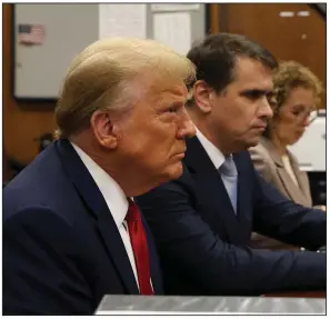  ?? (AP/The New York Times/Jefferson Siegel) ?? Former President Donald Trump, with his lawyers Todd Blanche and Susan Necheles, appears at Manhattan criminal court before his trial Thursday in New York.