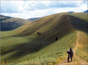  ?? SCOTT MORRIS VIA AP ?? In this photo provided by Scott Morris, Eszter Horanyi demonstrat­es hike-a-bike on the Continenta­l Divide Trail in Montana.