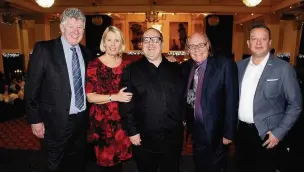  ??  ?? Pictured at the Man@Manchester fundraisin­g event are, from left, comedian Tony Jo, fundraisin­g manager Angela Gray, comedians Justin Moorhouse and Mick Miller, and John Stevenson, of sponsor Pareto FP