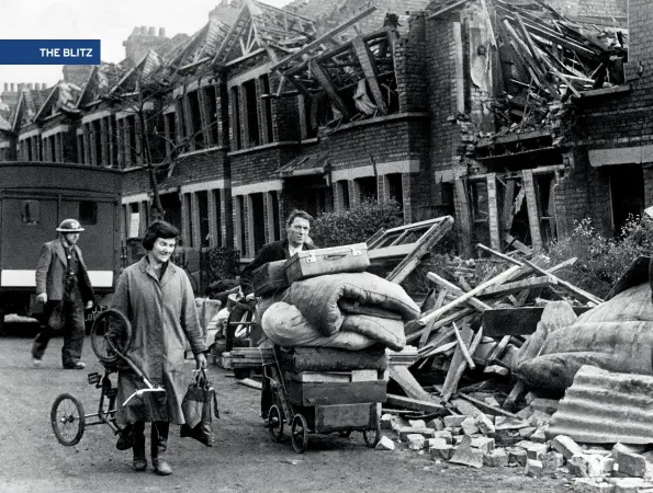  ??  ?? ABOVE A couple in north west London carry the remaining possession­s from their bombed-out home in a pram after a night of bombing on February 16, 1941
OPPOSITE TOP The terrifying scene after a bomb hit Harrington Square in Camden, north London, on September 9, 1940. While the driver and passengers of this bus took shelter when the onslaught began, 10 residents in the houses numbered 35 and 36 were killed