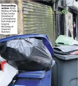  ??  ?? Demanding action Kirsty McIlroy of Fade & Dye, Louisa Donahoe of Cunningham­s fruit shop and Graeme McGinlay of Graeme’s Butchers