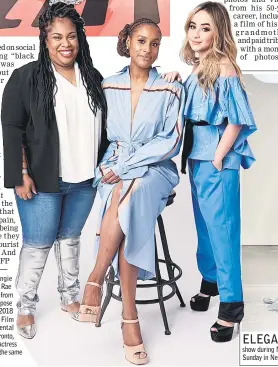  ??  ?? (From left) Author Angie Thomas and actors Issa Rae and Sabrina Carpenter from the film ‘The Hate U Give’ pose for a portrait during the 2018 Toronto Internatio­nal Film Festival at Interconti­nental Hotel on Saturday in Toronto, Canada. • (Above) Lead actress Amanda Stenberg also at the same event. — AFP photosA model walks the runway at the Hot Now show during New York Fashion Week: The Shows at Pier 59 on Sunday in New York City. — AFP photos