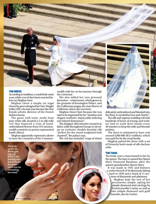  ??  ?? The bride sports her Welsh gold ring and (RIGHT) the dazzling tiara lent to her by the queen – which was her “something borrowed”.