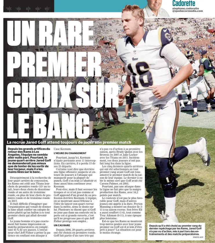  ??  ?? Depuis qu’il a été choisi au premier rang du dernier repêchage par les Rams, Jared Goff n’a pas vu d’action, mis à part lors des entraîneme­nts et des matchs préparatoi­res.