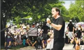  ?? Matthew Brown / Hearst Connecticu­t Media ?? U.S. Rep. Jim Himes speaks during a rally outside Greenwich Town Hall on June 6.