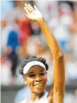  ?? THE ASSOCIATED PRESS ?? Venus Williams waves Thursday after beating Johanna Konta in their singles semifinal match on day nine at Wimbledon.