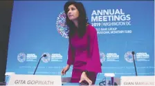  ?? OLIVIER DOULIERY/AFP VIA GETTY IMAGES ?? IMF chief economist Gita Gopinath is calling for action to tackle “financial vulnerabil­ities.” .