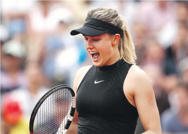  ?? — GETTY IMAGES ?? Eugenie Bouchard of Westmount, Que., reacts during her first-round match against Risa Ozaki of Japan at the French Open in Paris. Bouchard won 2-6, 6-3, 6-2.