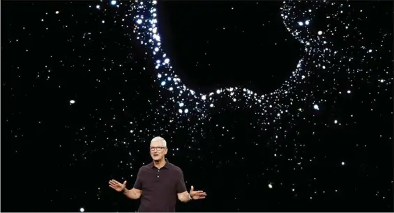  ?? AP ?? CALIFORNIA: Apple CEO Tim Cook speaks at an Apple event on the campus of Apple’s headquarte­rs in Cupertino, Calif., on Wednesday.