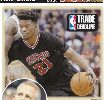  ?? AP PHOTOS ?? TWO GOOD: Jimmy Butler, above, and Paul George, below, are potential trade targets on which Danny Ainge, left, would pull the trigger before Thursday’s trade deadline.