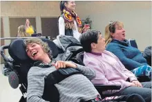  ?? GORD HOWARD SPECIAL TO THE NIAGARA FALLS REVIEW ?? From left, performers Tessa Barnhart, Anne Marie Ballin and Shannon Airhardt enjoy the rehearsal while, in back, volunteers Stephanie Burton (wearing yellow) and Jillian Gunn look on.