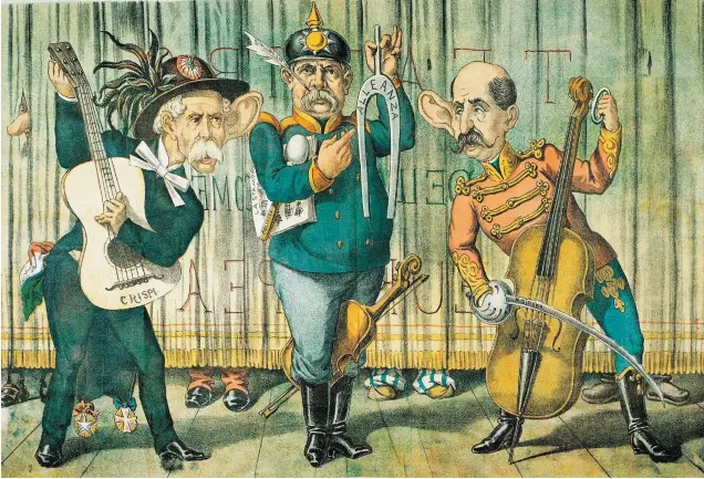  ??  ?? En esta caricatura de la Triple Alianza aparecida en un semanario satírico italiano, el rey de Italia, Humberto I, y el emperador austrohúng­aro, Francisco José I, “tocan” en el concierto internacio­nal al son que marca el canciller germano, Otto von Bismarck. AL COMPÁS DE ALEMANIA.