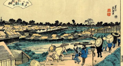  ?? Colori ?? Nelle foto, alcune delle opere che si vedranno in mostra Nella foto grande, un dipinto di Yoshiwara Sotto, di Hiroshige Le opere rivelano leggende e modi di vivere Locandina
La mostra «Giappone. Storie d’amore e guerra» è prodotta da Arthemisia e...