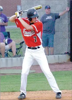  ?? MARK HUMPHREY ENTERPRISE-LEADER ?? Insurance runs. Farmington senior Adam Ness awaits a pitch he blasted out of the ballpark staking the Cardinals to a 5-2 lead in the seventh inning. The two-run shot gave the Cardinals some breathing room and set the stage for a defensive close-out as...